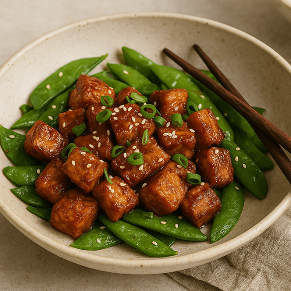 A bowl of crispy air-fried tempeh coated in spicy-sweet gochujang glaze, served with bright green snow peas