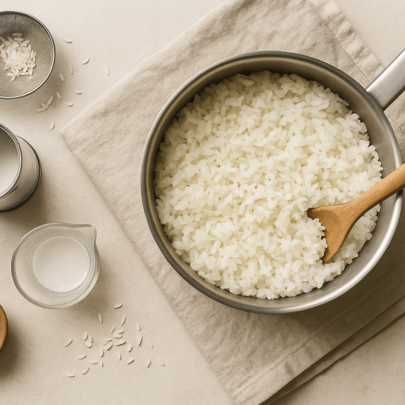Fluffy coconut rice in stainless pot with wooden spoon; coconut milk, salt, and strainer on beige linen