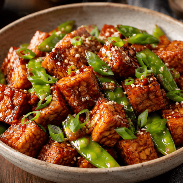 A bowl of crispy air-fried tempeh coated in spicy-sweet gochujang glaze, served with bright green snow peas
