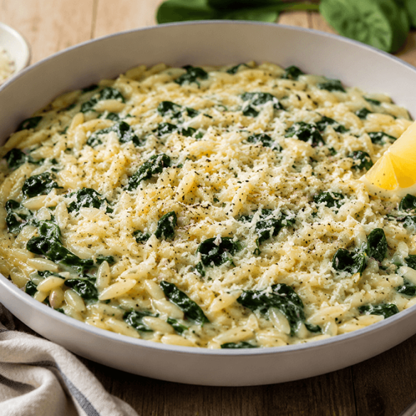 Creamy one-pot orzo with frozen spinach, Parmesan, and lemon in a white bowl