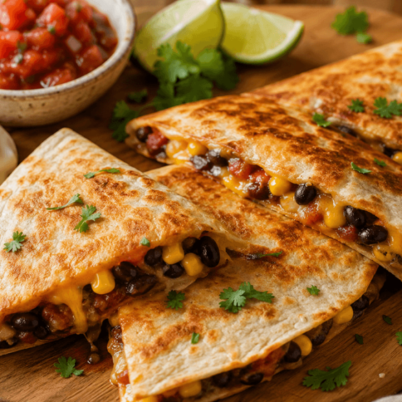 Easy black bean quesadilla with pantry staples, filled with black beans, corn, melted cheese, salsa, and crispy golden tortillas