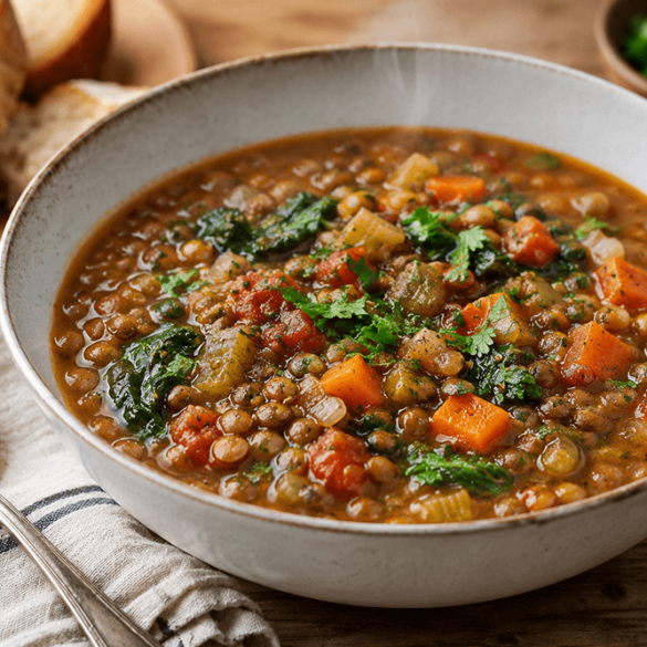 Easy one pot lentil soup with carrots, tomatoes, spinach, parsley, and crusty bread for a cozy weeknight dinner