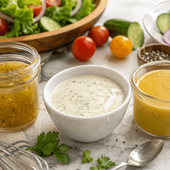 Three easy homemade salad dressings with vinaigrette, creamy ranch, and honey mustard served with fresh salad ingredients